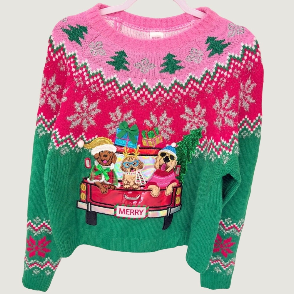 Ugly Christmas Knit Dogmom Sweater Dog Truck Women XL Pink Green Kitsch Festive